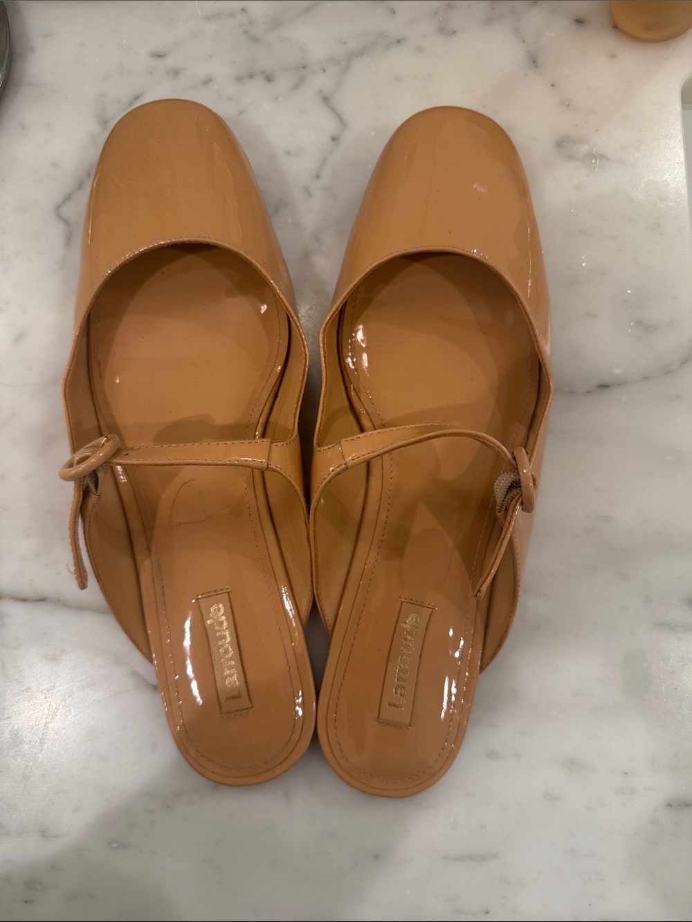 Larroude Patent Mary Jane Mule in Camel Tan